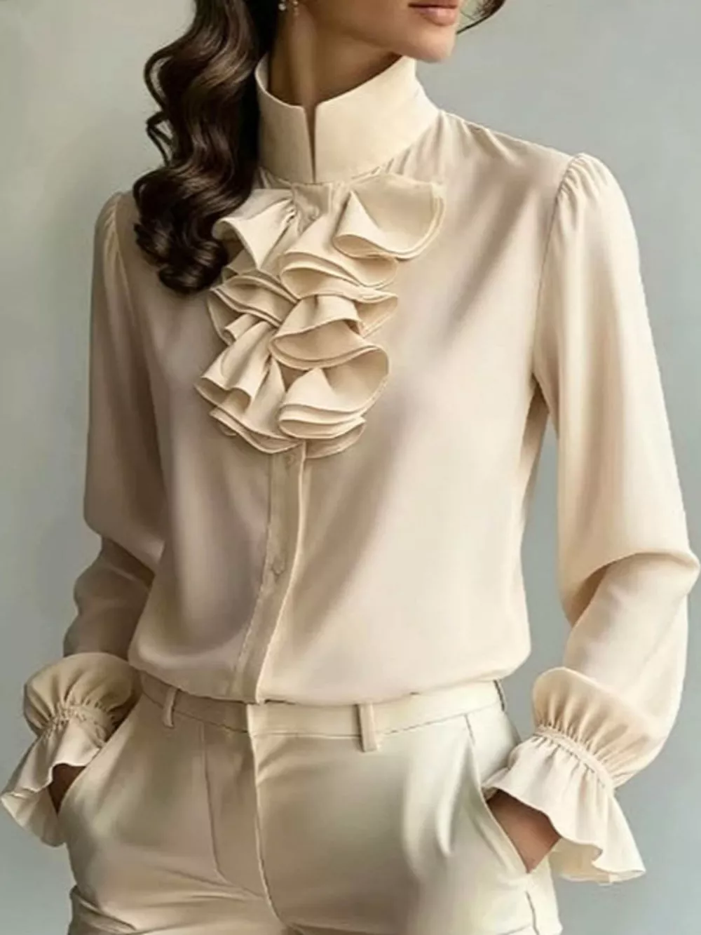 Ruffled Stand-Collar Blouse with Long Lantern Sleeves, image 27