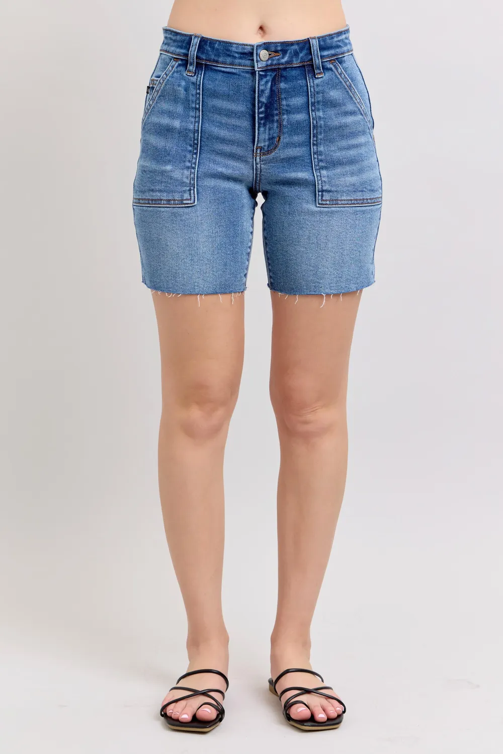 Full Size Mid Rise Bermudas Denim Shorts W/ Back Flap Pockets Plus Size