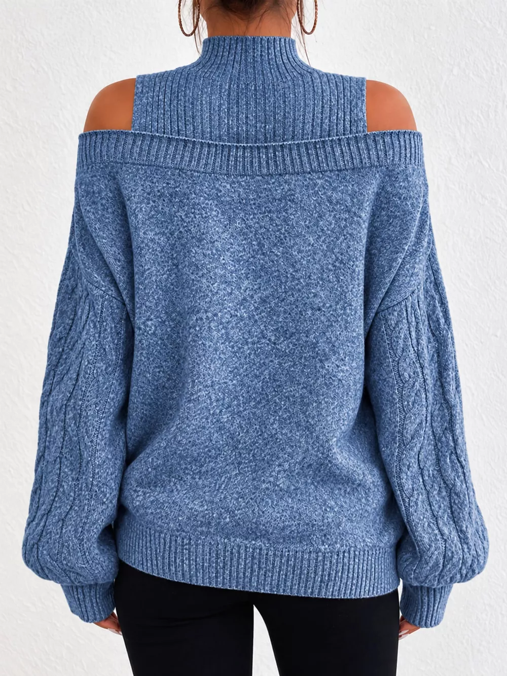 Full Size Cold Shoulder Mock Neck Cable Knit Sweater Plus Size, image 11