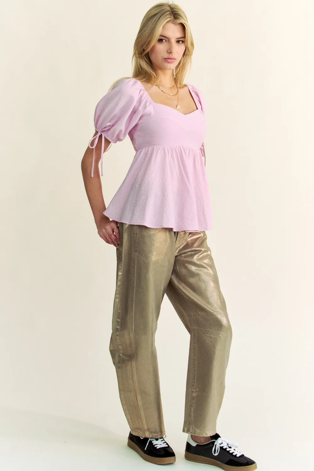 Solid Elastic Peplum Puffed Sleeves Blouse, image 9