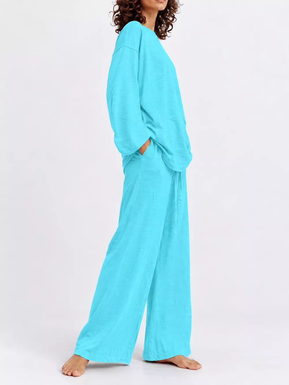 Full Size Round Neck Top and Drawstring Wide-Leg Pants Set Plus Size, image 2