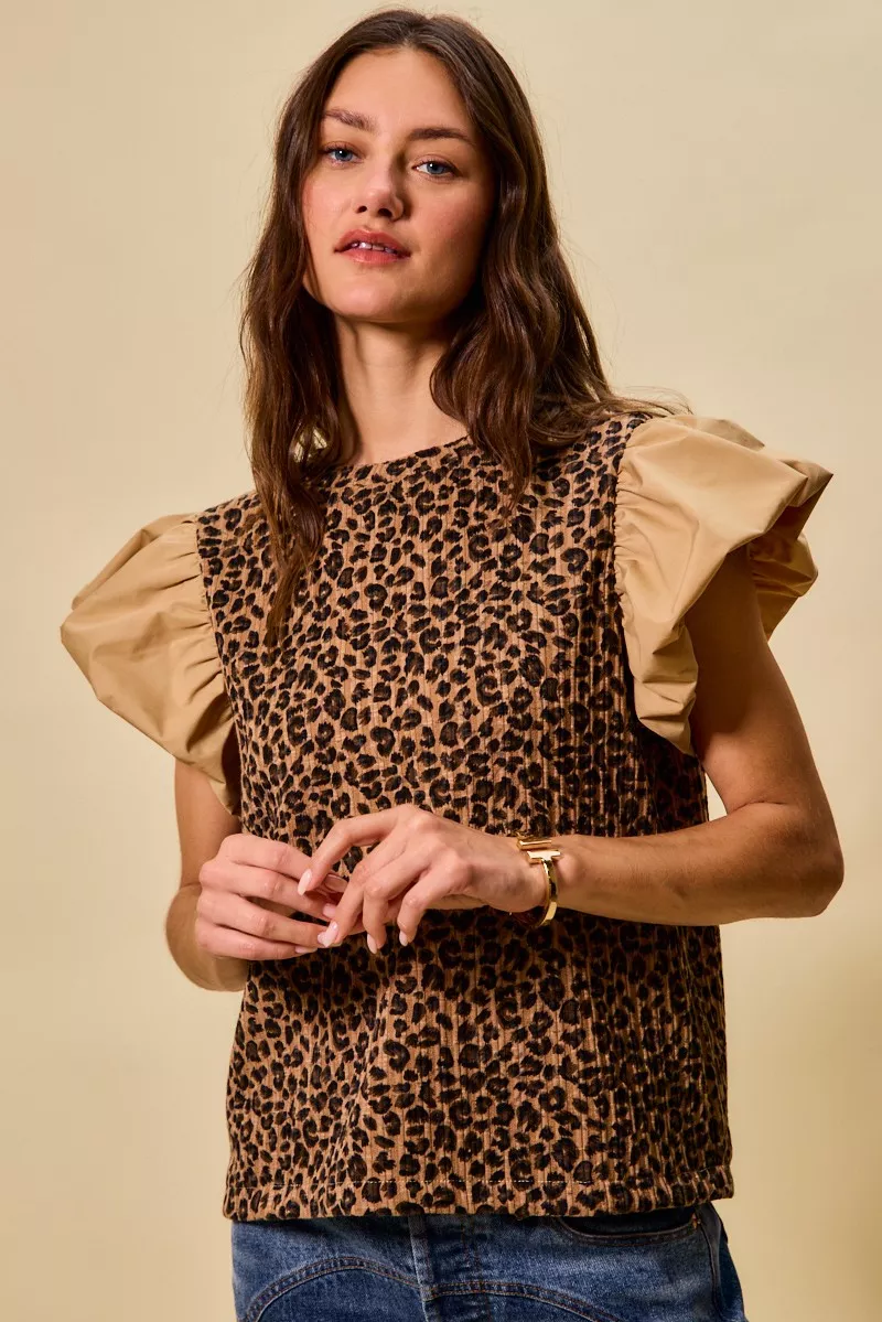 Leopard Pointelle Knit Top with Puff Sleeves, image 11