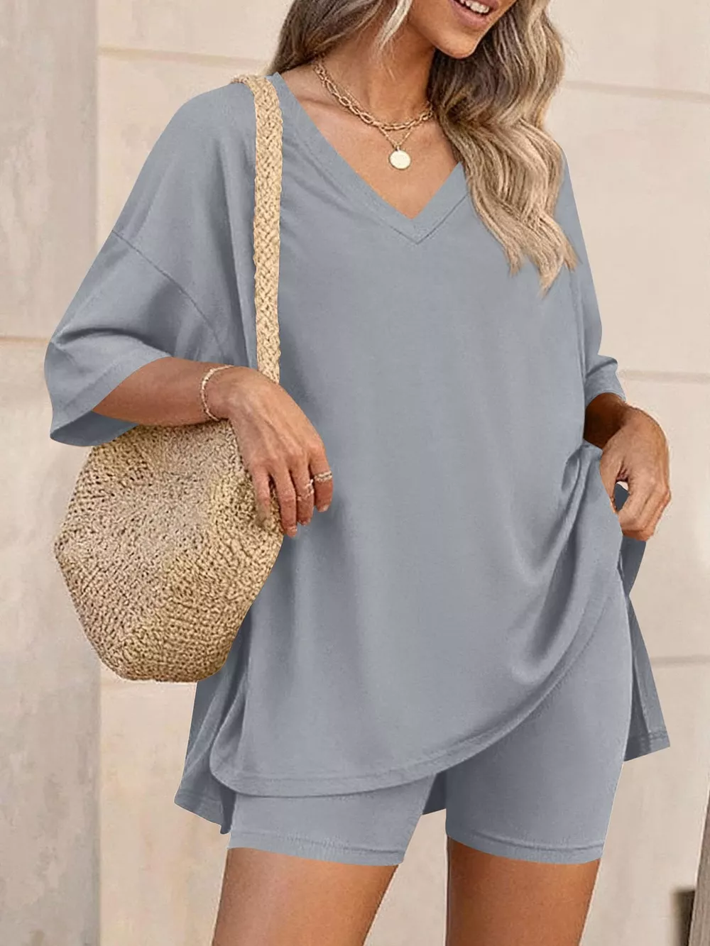 Full Size Casual Loose V-Neck T-Shirt & Shorts Set Plus Size, image 18