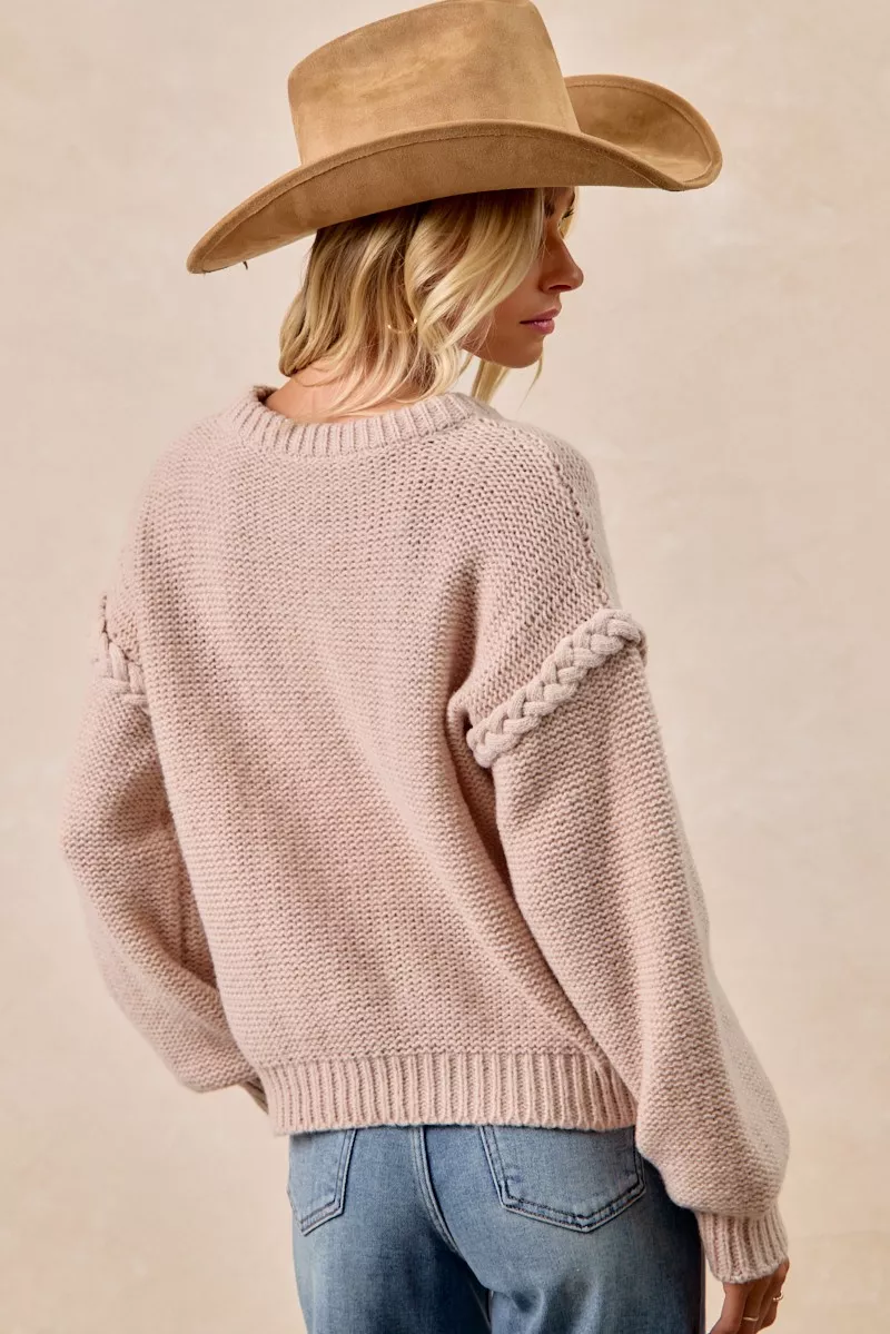 Cable Knit Sweater with Shoulder Braid Detail, image 11