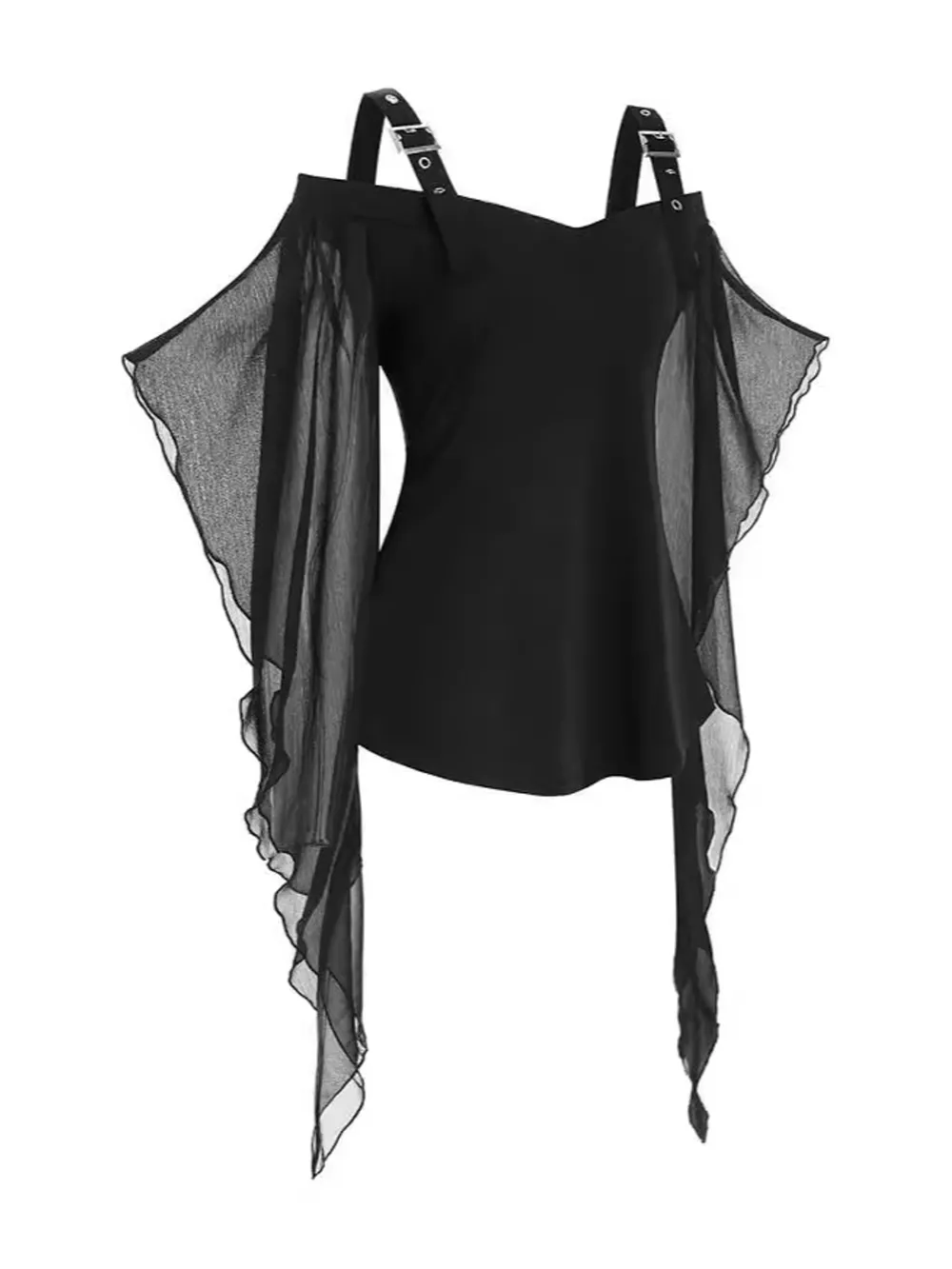 Halloween Gothic Buckle Strap Mesh Sleeve Top, image 3