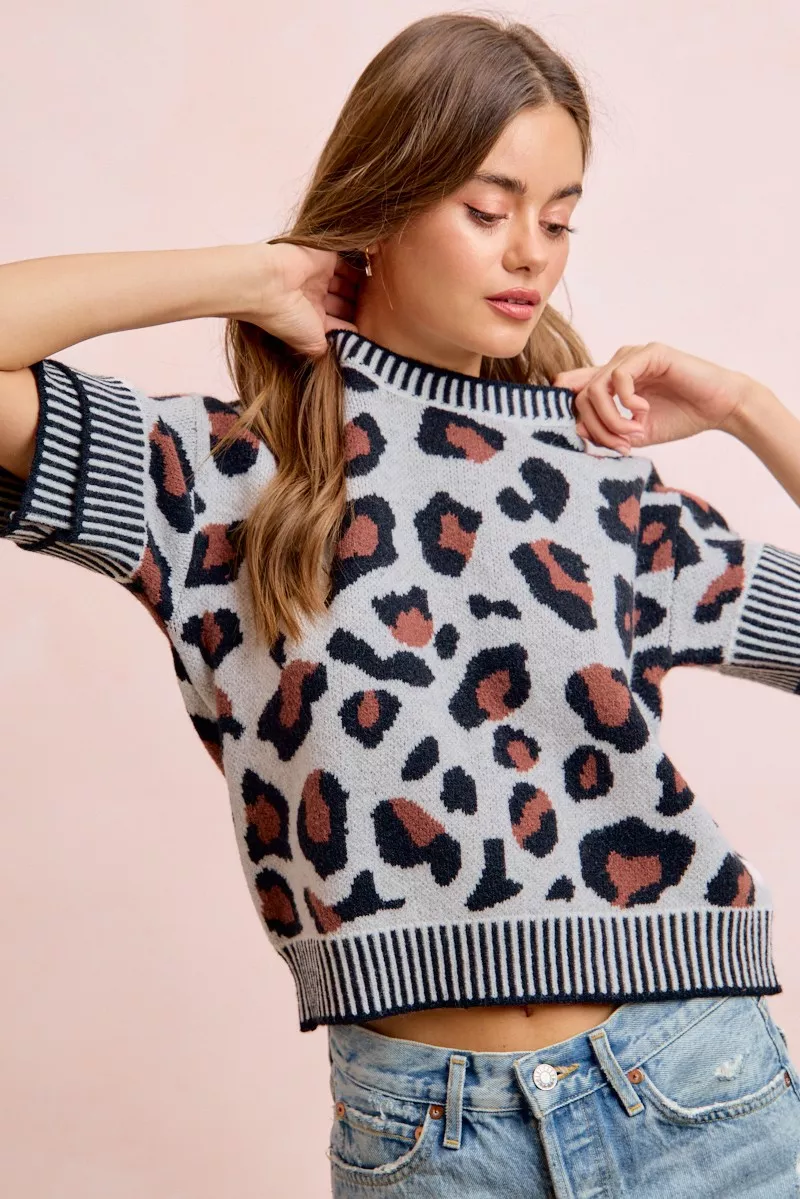 BiBi Two Tone Detail Leopard Knit Double Sleeves Top, image 8