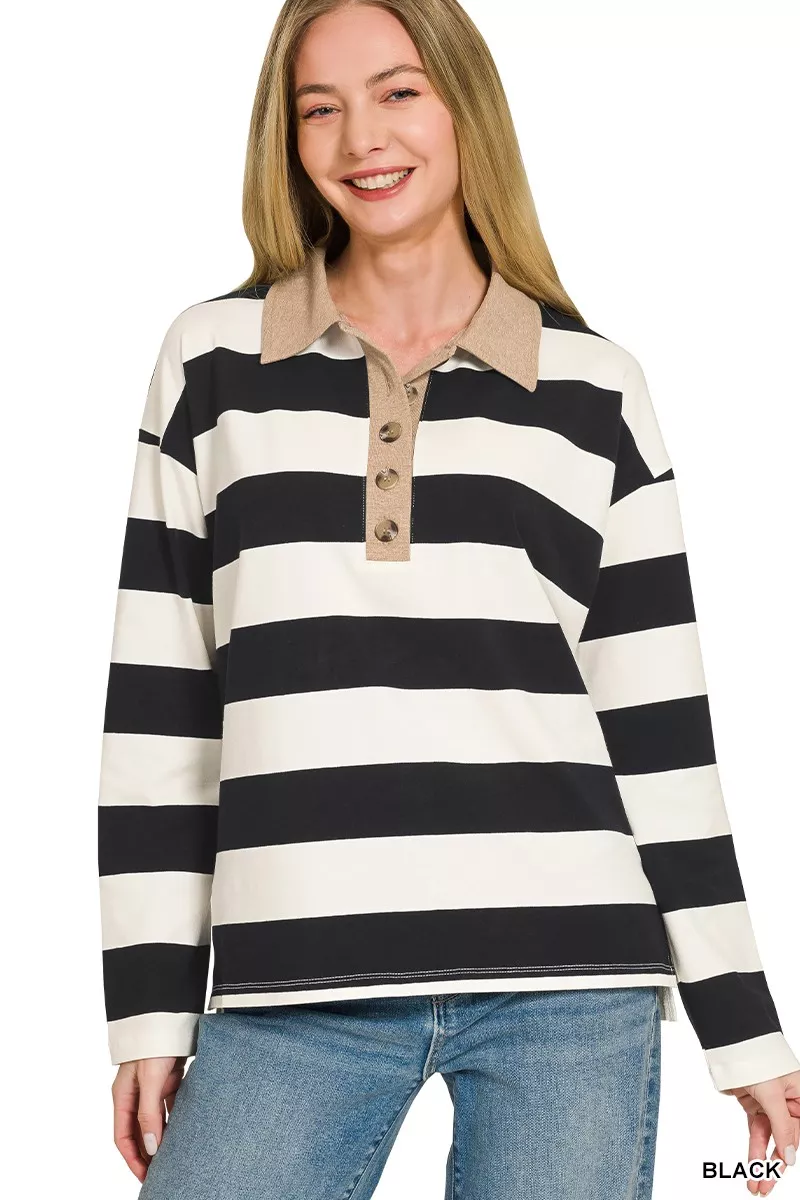 Zenana Striped Contrast Collar Polo Tee, image 2