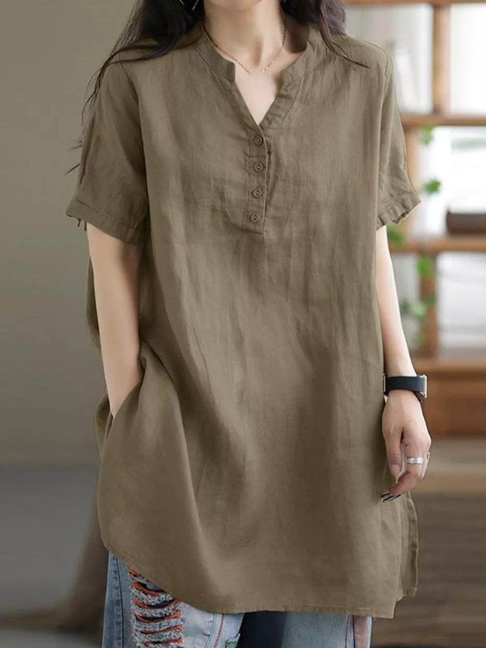 Full Size Notched Short Sleeve Oversize Blouse Plus Size, image 2