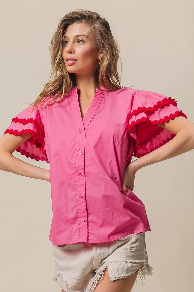 Dot Trim Flutter Sleeve Notched Top, image 20