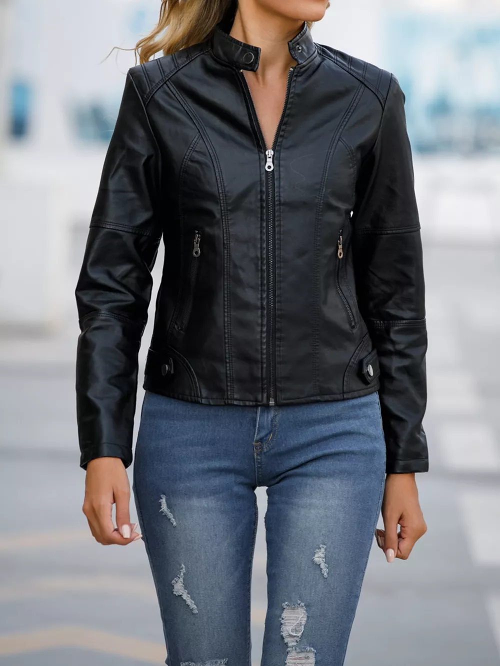 Full Size Slim Fit Faux Leather Moto Jacket Plus Size, image 6