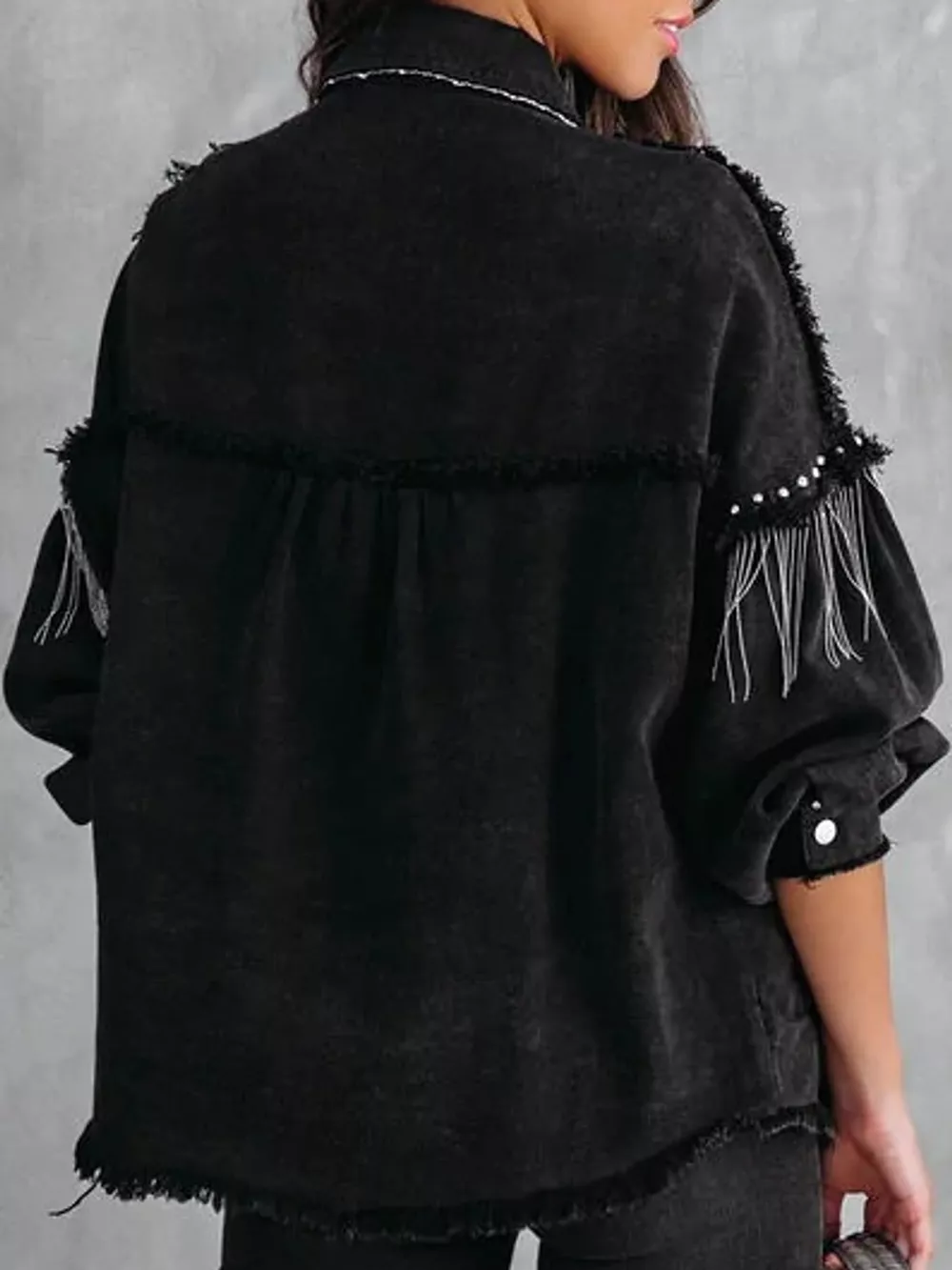 Full Size Fringe Embellished Washed Denim Jacket Plus Size, image 4