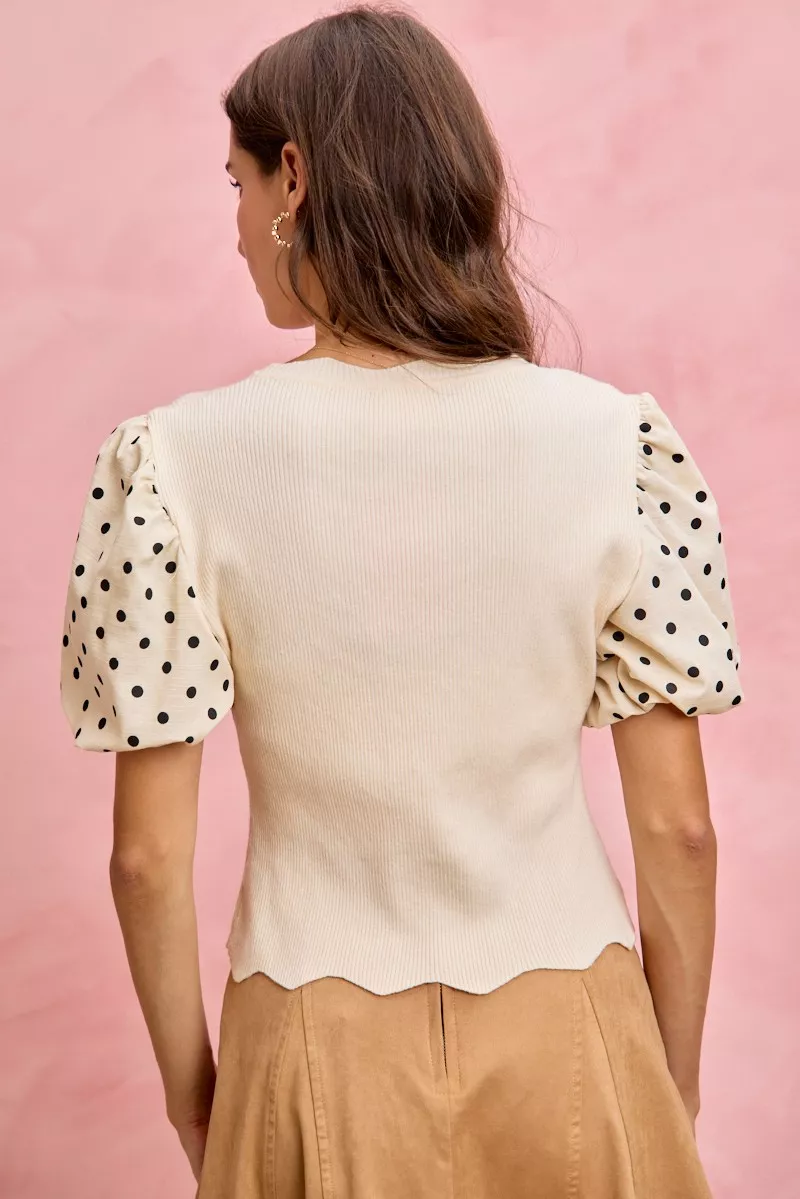 Polka Dot Contrast Woven Ballon Sleeve Blouse, image 13