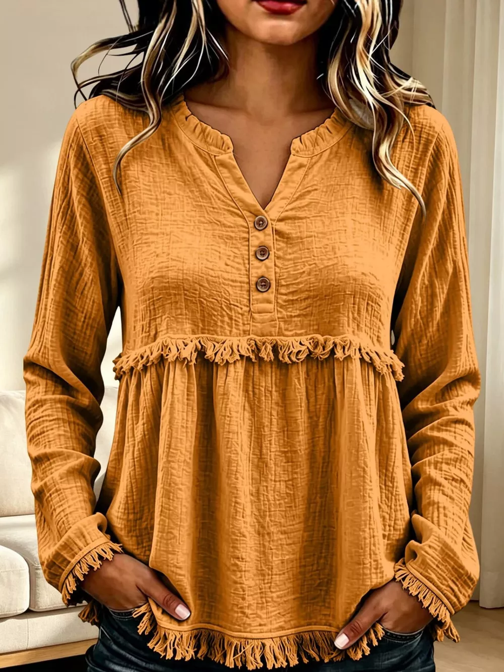 Full Size Frayed Hem Button Detail Blouse Plus Size, image 11