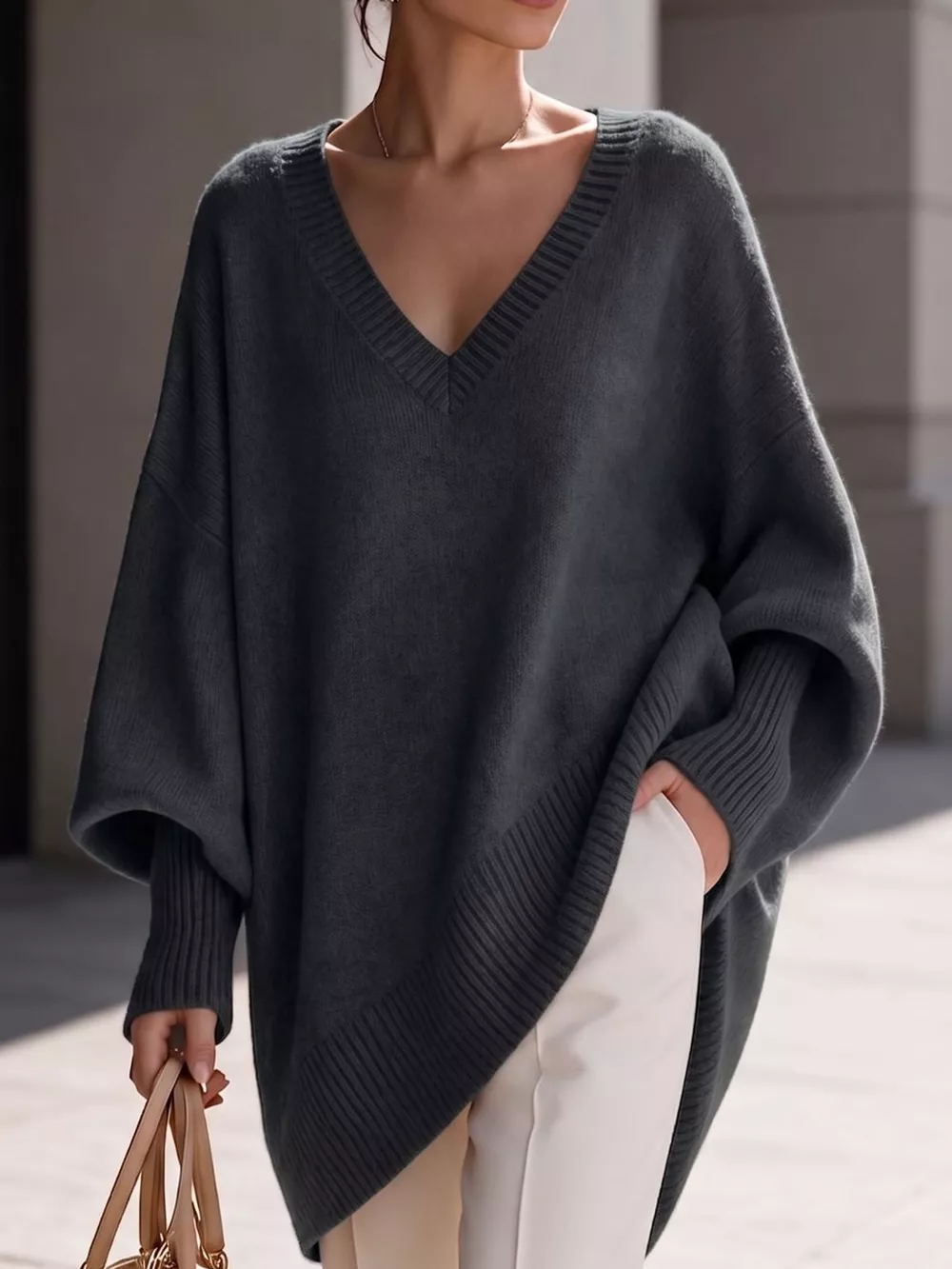 Full Size V-Neck Oversized Batwing Sleeve Sweater Plus Size, image 25