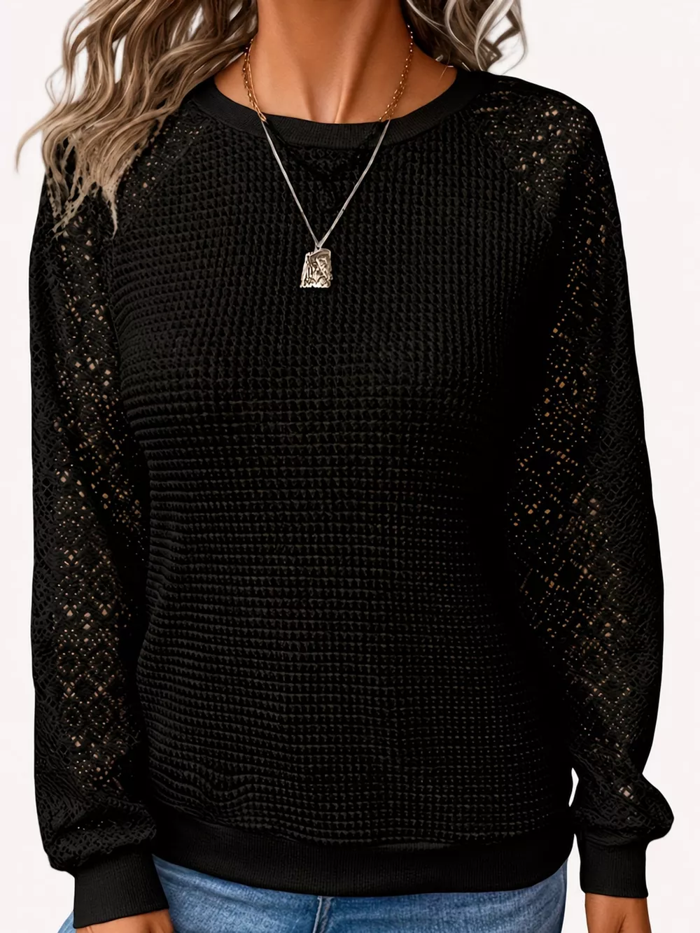Waffle Knit Lace Sleeve T-Shirt, image 4