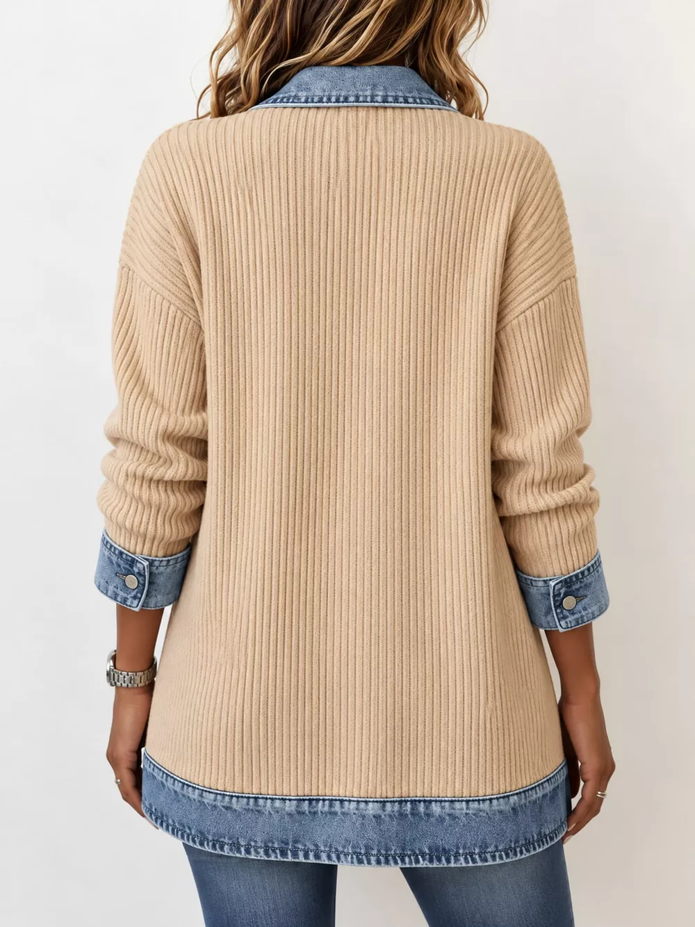 Full Size Denim Trim Ribbed Knit Cardigan Plus Size, image 34
