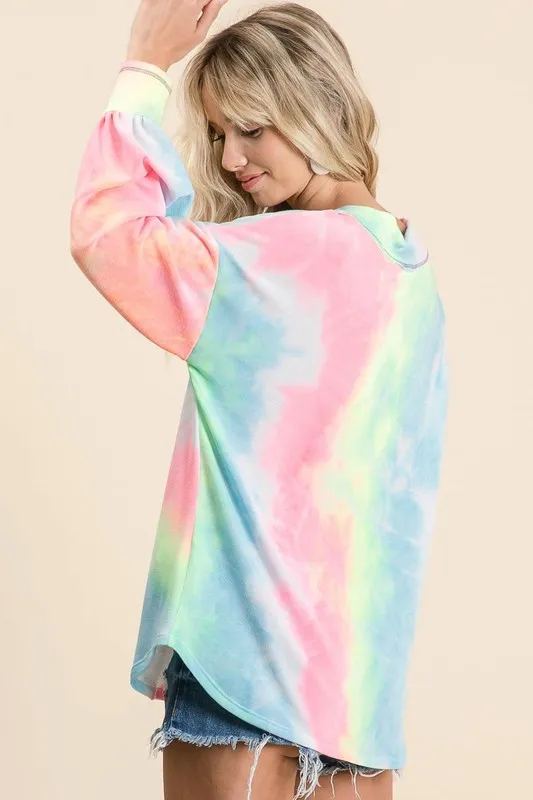 Tie Dye French Terry V-Neck Top with Puff Sleeves, image 2