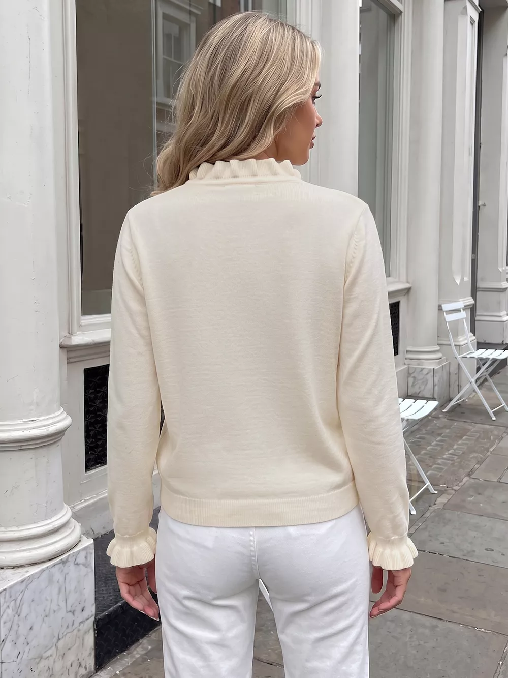 Ruffle Trim Pearl Button V-Neck Knit Top, image 7