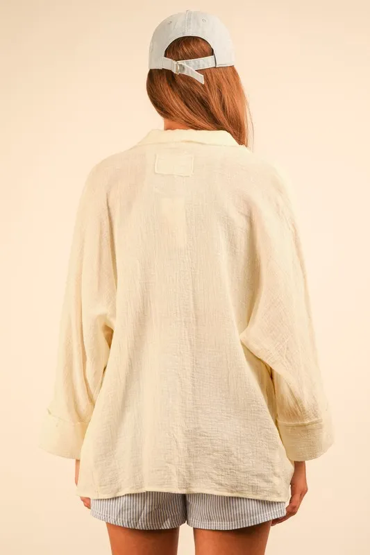 Full Size Dolman Sleeve Button Down Gauze Shirt Plus Size, image 3