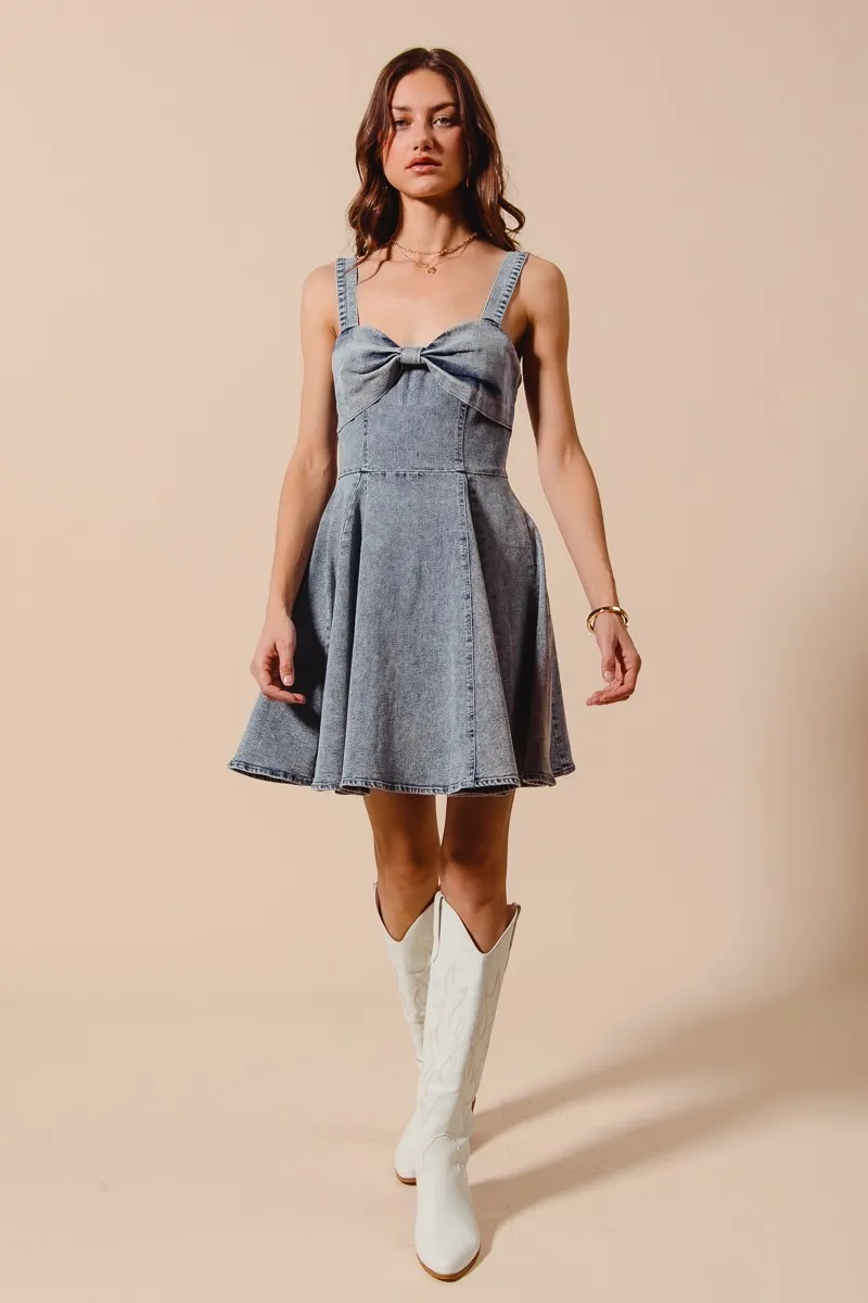 Mineral Washed Bow Ribbon Denim Flare Dress, image 11