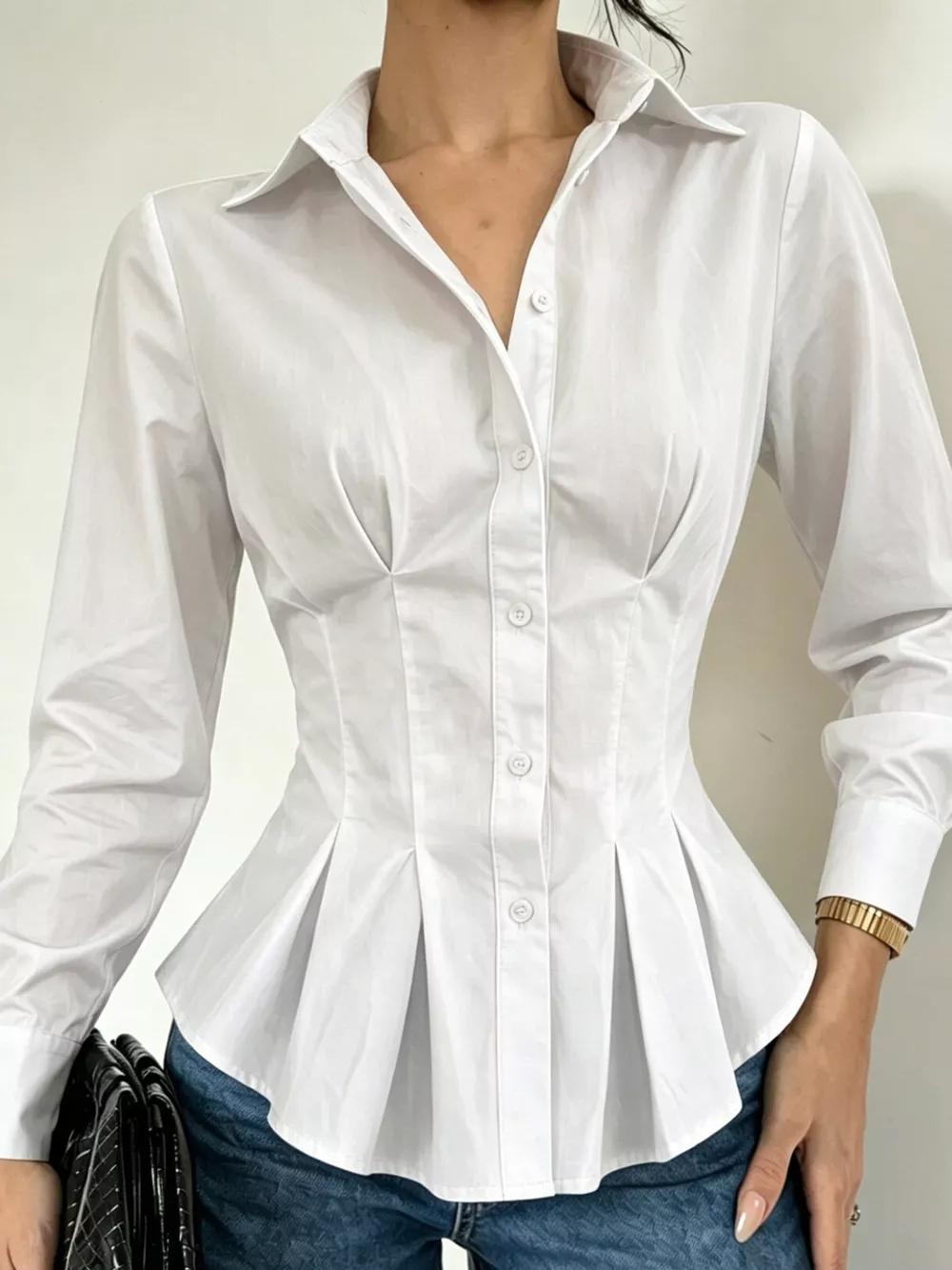 Button-Down Peplum Blouse with Fitted Waist, image 14
