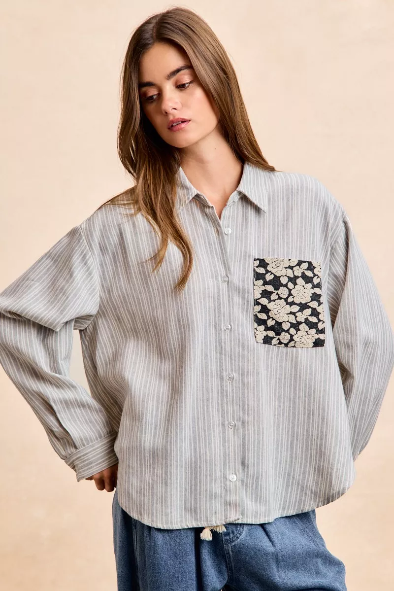 Flower Jacquard Knit Patch Pocket Stripe Shirt, image 17