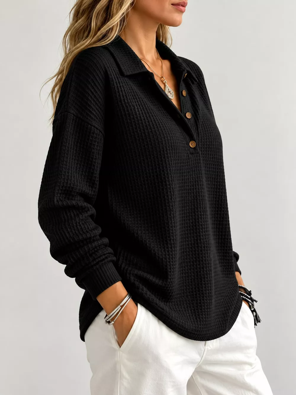 Full Size Waffle Knit Dropped Shoulder Top Plus Size, image 6