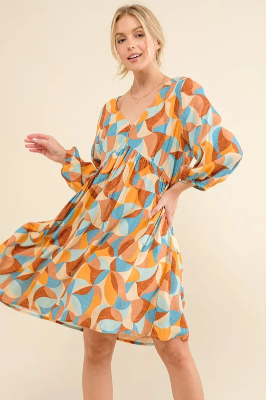 Printed Open Back Puff Sleeve Casual Dress, image 5
