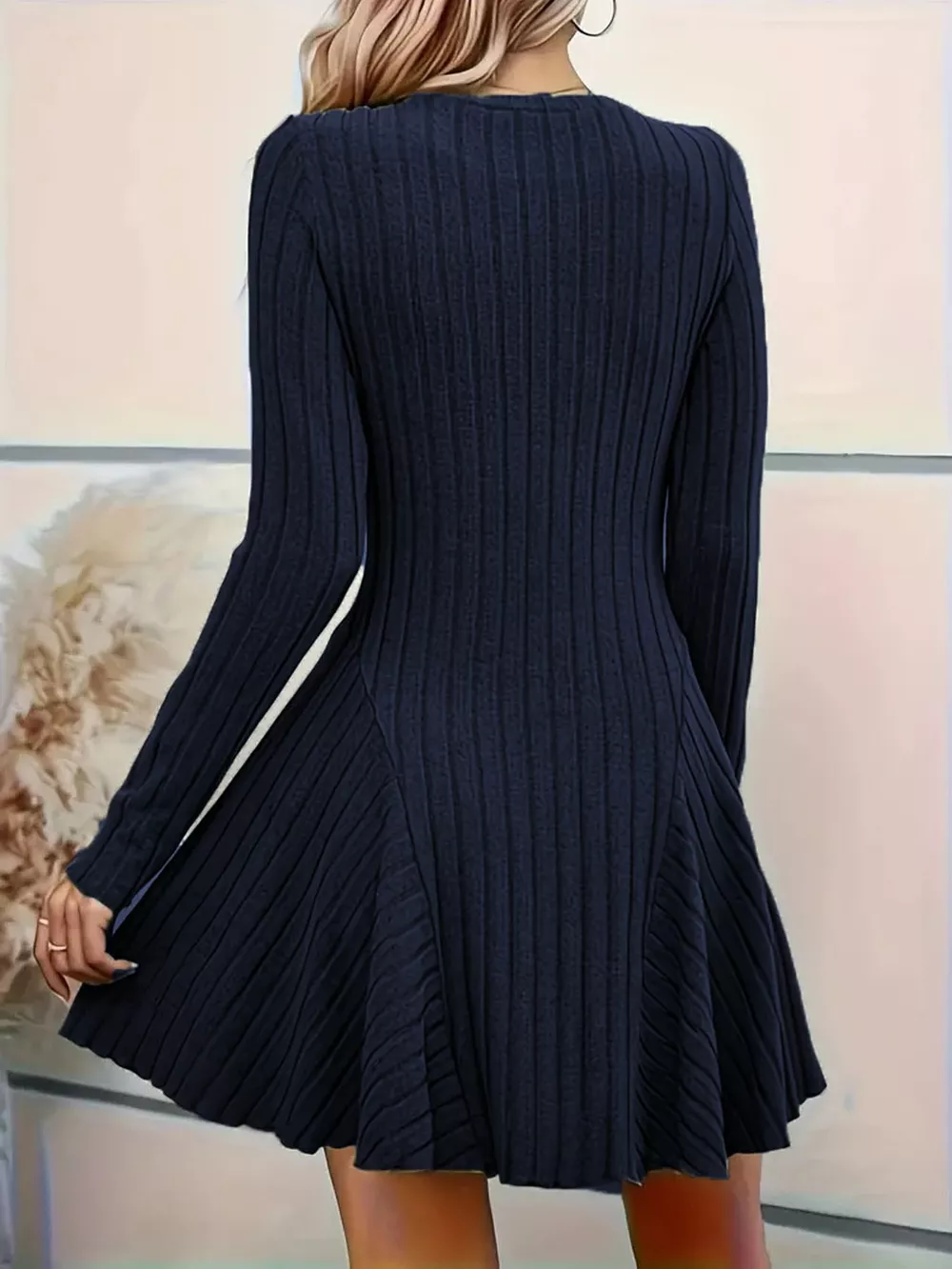 V-Neck Ribbed Knit A-Line Dress, image 34