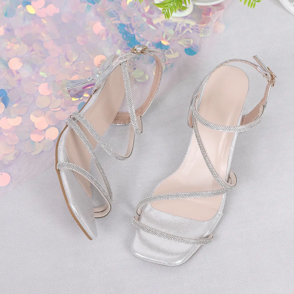 Strappy Heel Sandals with Rhinestone Chain Ankle Strap, image 3