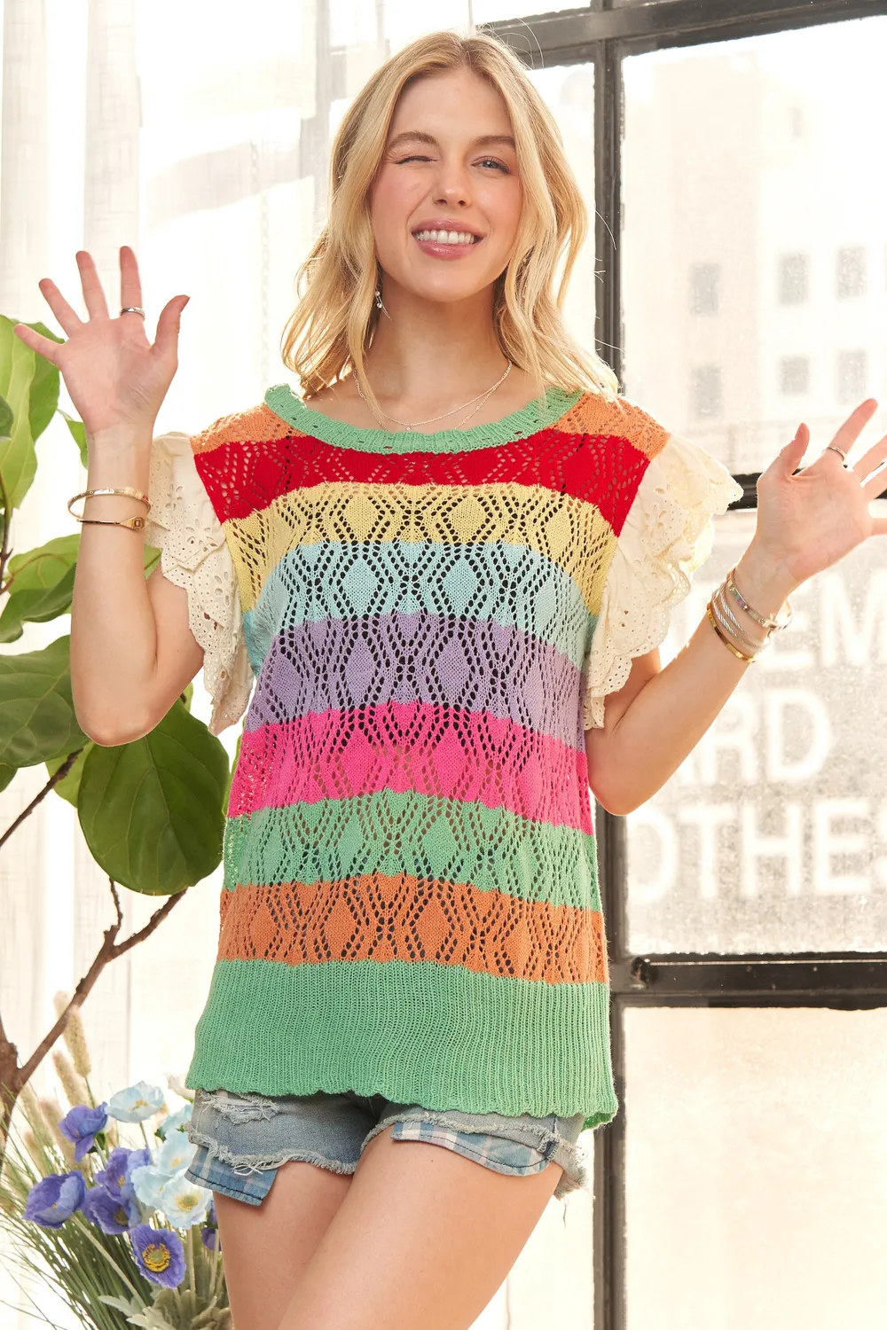 Eyelet Sleeve Multi Color Crochet Top, image 2