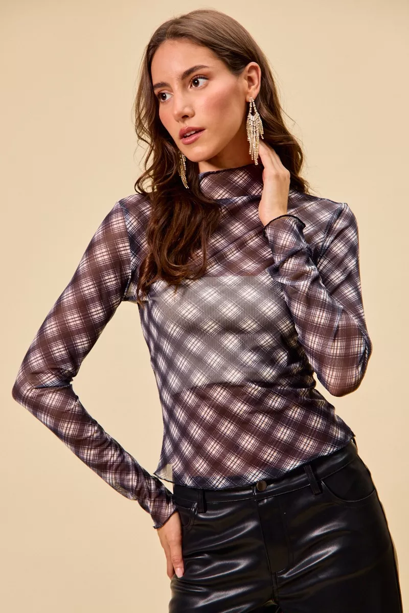 Plaid Mesh Knit Long Sleeve Top with Thumb Opening, image 16