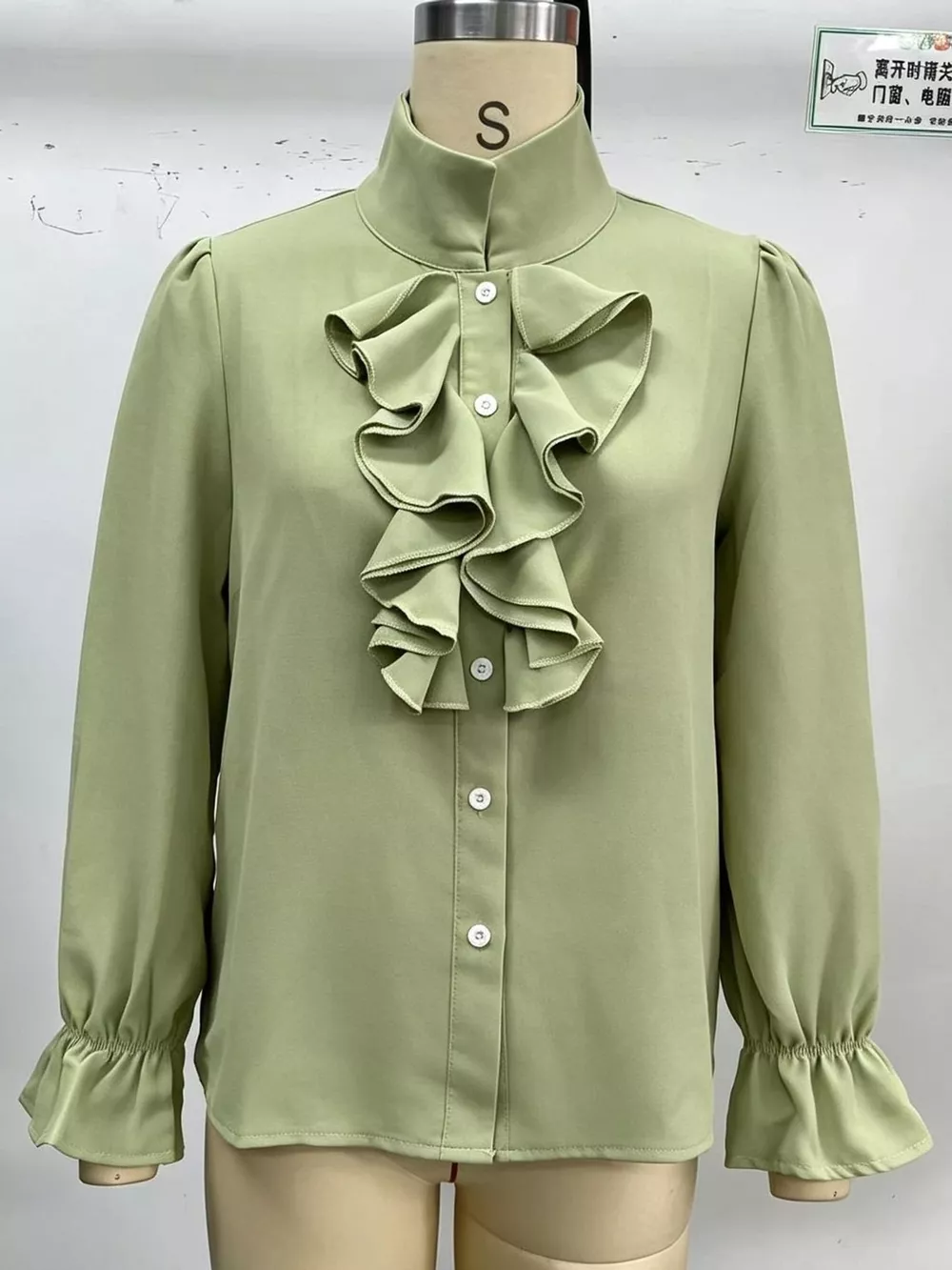 Ruffled Stand-Collar Blouse with Long Lantern Sleeves, image 39