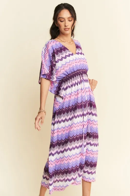 Multi Color Wavy Tie Waist Flowy Sleeve Dress, image 9