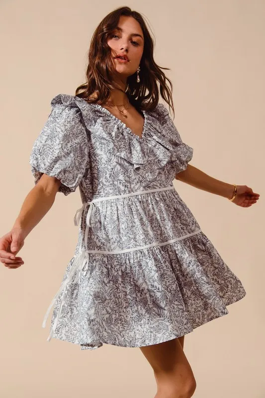 Cotton Printed Ruffle V Neckline Dress with Side Tie, image 9