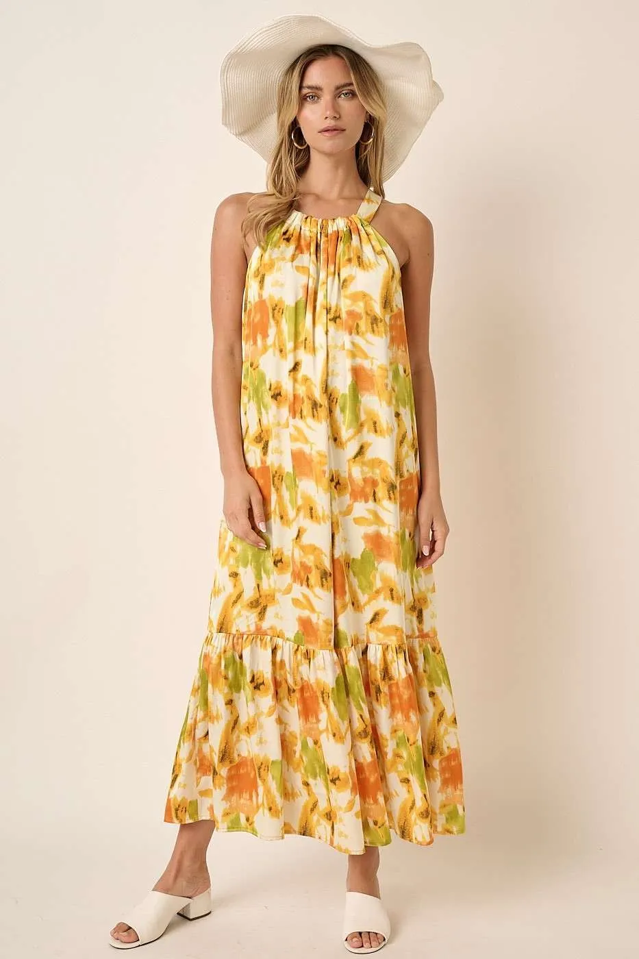 Watercolor Print Halter Neck Satin Maxi Dress