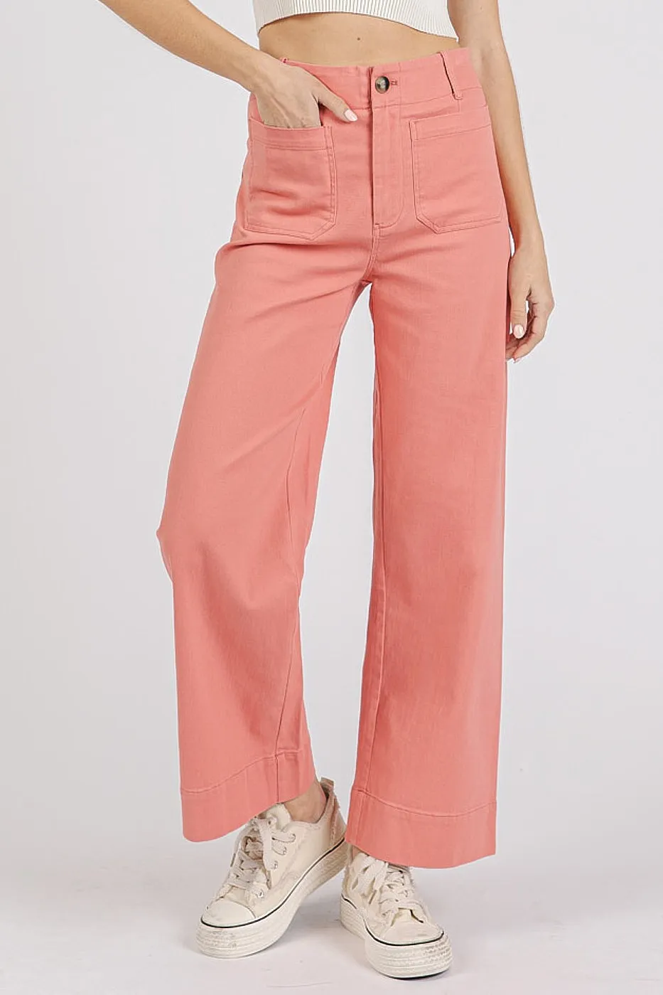 Twill Patch Pocket High Rise Wide Leg Pants, image 2