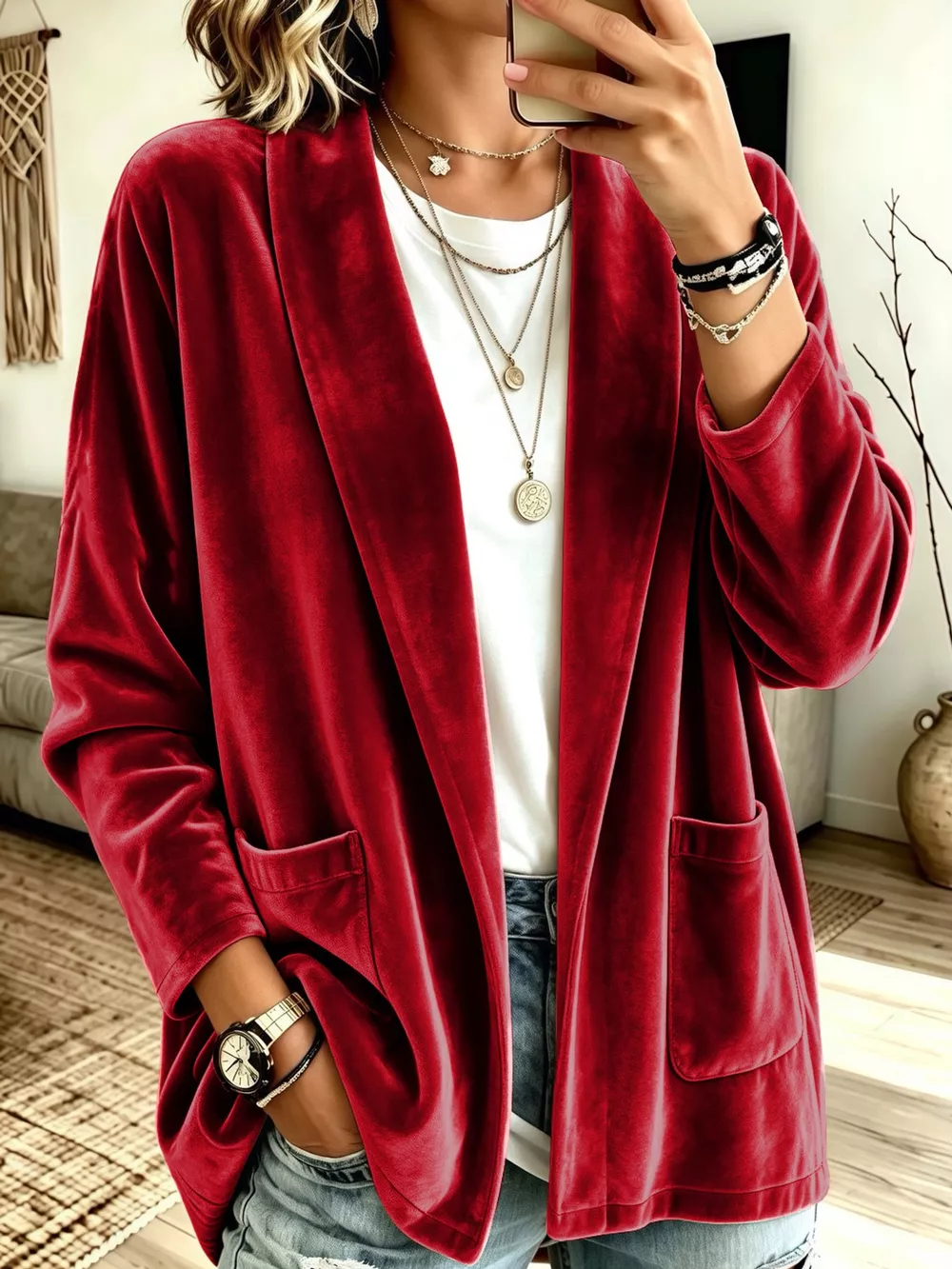 Full Size Velvet Open-Front Cardigan Plus Size, image 5