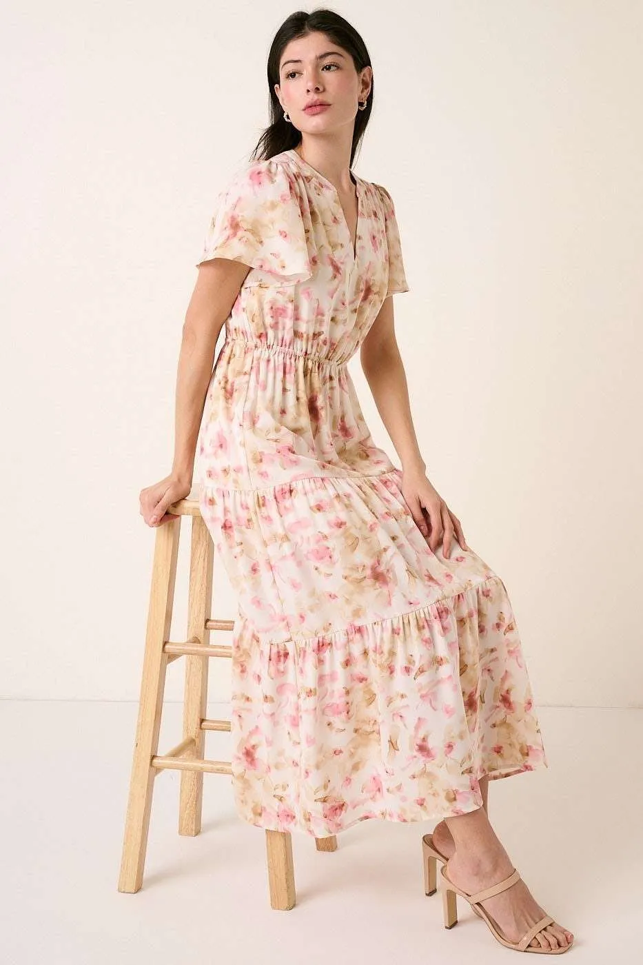 Flower Print Flutter Sleeve V Slit Maxi Dress