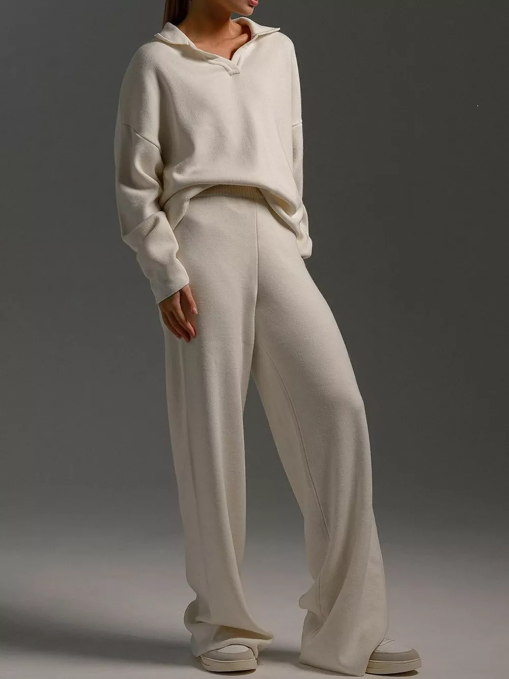 Polo Collar Top and Wide-Leg Pants Set, image 2