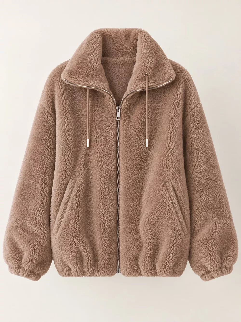 Full Size Drawstring Faux Fur Stand-Collar Zip-Up Outerwear Plus Size, image 34