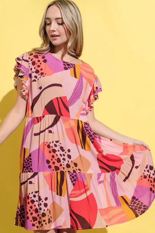 Printed Double Ruffles Sleeve Dress, image 7