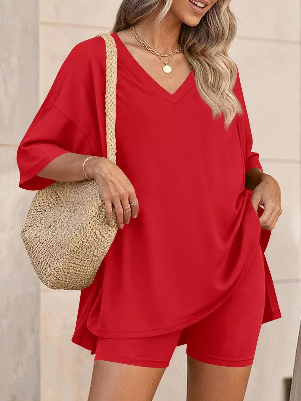 Full Size Casual Loose V-Neck T-Shirt & Shorts Set Plus Size, image 24