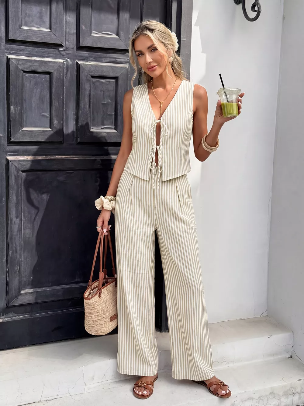 Striped Vest & Wide Leg Pants Set, image 3