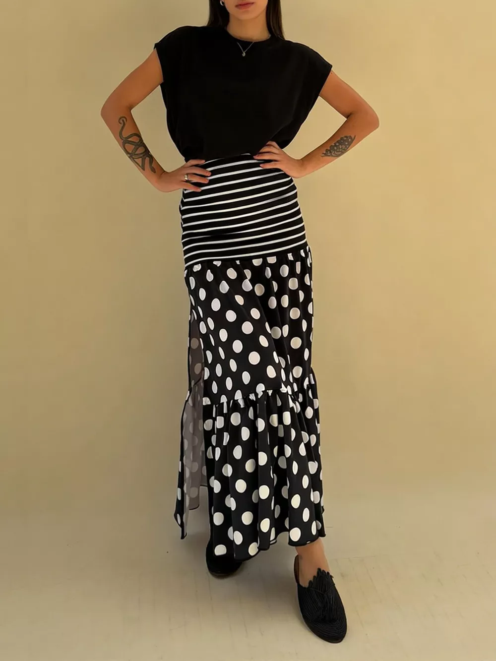 Polka Dot Striped Slit Maxi Skirt, image 3