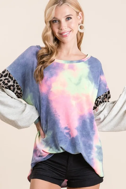 Tie Dye Terry Top with Contrast Puff Sleeves, image 2