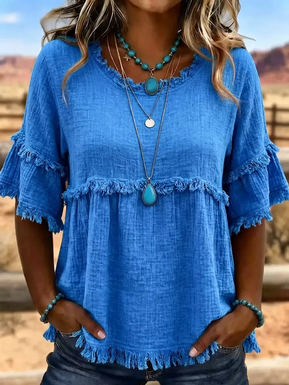 Full Size Frayed Edge Textured Blouse Plus Size, image 34