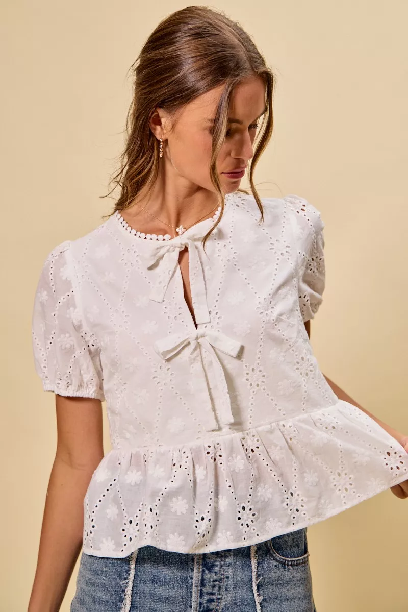 Cotton Eyelet Front Tie Short Sleeves Blouse, image 21