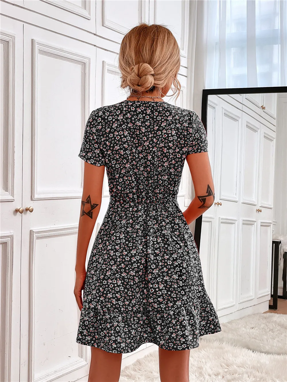 Printed Ruffled Hem V-Neck Short Sleeve Mini Dress, image 31