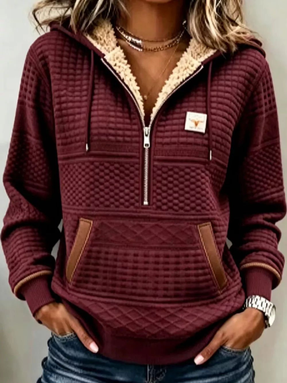 Full Size Half Zip Texture Hoodie Plus Size, image 5